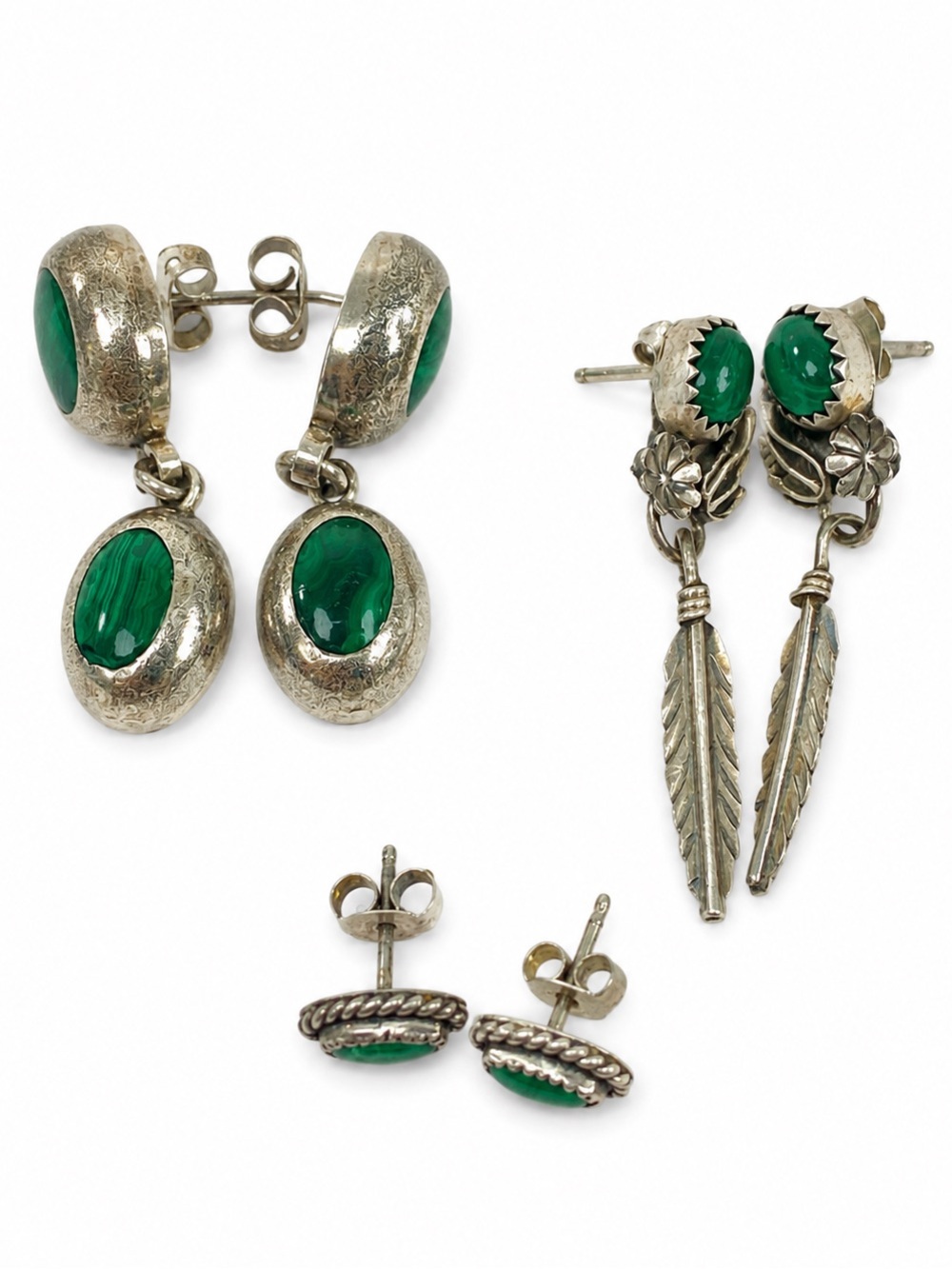 Vintage Taxco Mexico Malachite Sterling Silver Earrings 3 Pairs 925 950